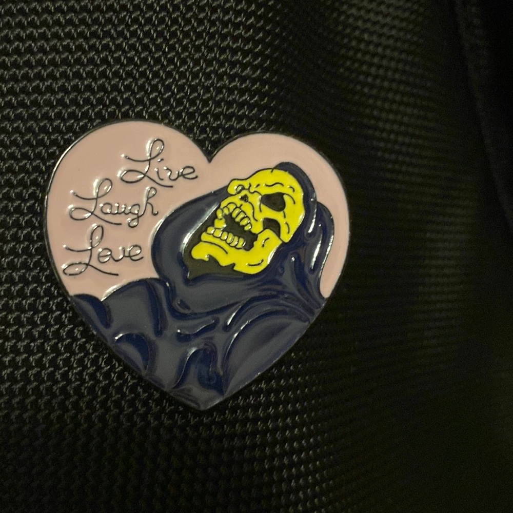 Novelty Skeletor Live Laugh Love Enamel Pin